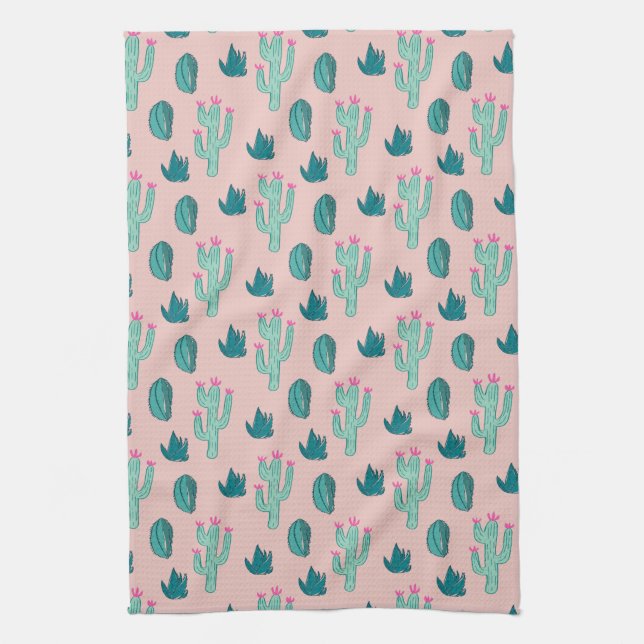 Cactus Pattern Pink and Green Tea Towel (Vertical)