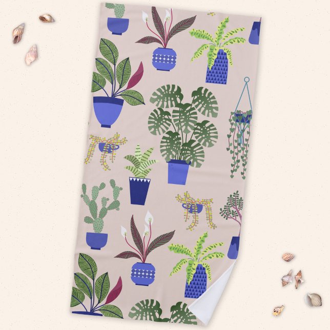 Cactus Pattern Pink Beach Towel (Cactus Succulent Houseplant beach towel)