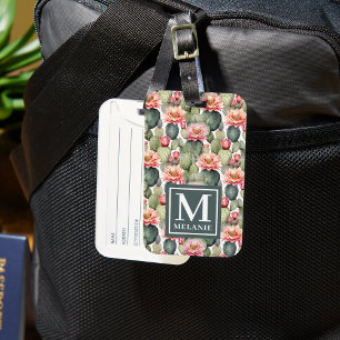 Cactus Pattern Pink Flowers Monogram Luggage Tag