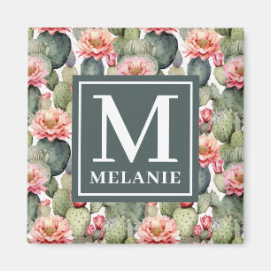 Cactus Pattern Pink Flowers Monogram Magnet