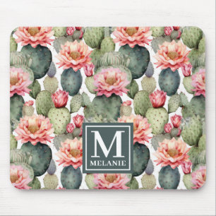 Cactus Pattern Pink Flowers Monogram Mouse Pad