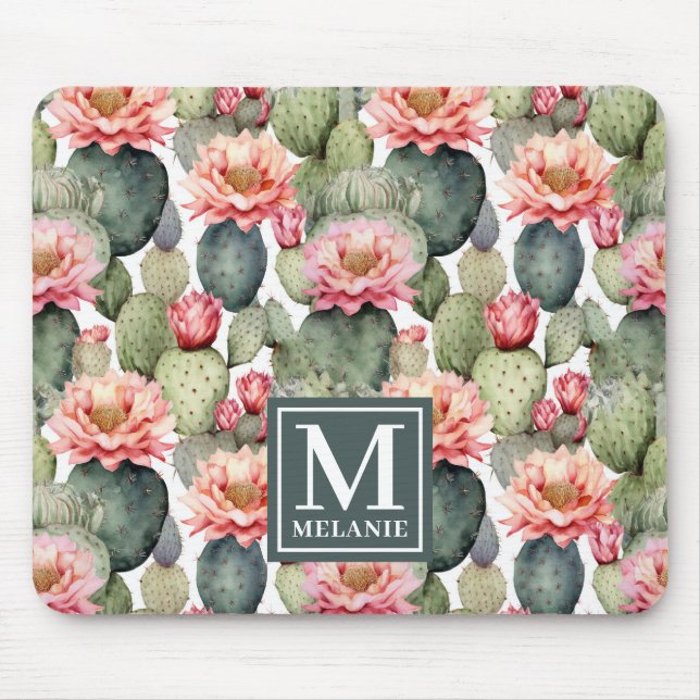Cactus Pattern Pink Flowers Monogram Mouse Pad (Front)
