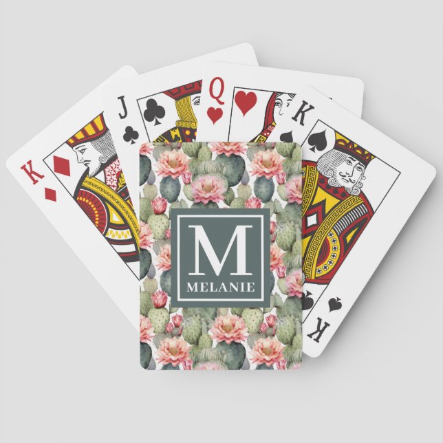Cactus Pattern Pink Flowers Monogram Playing Cards (Back)