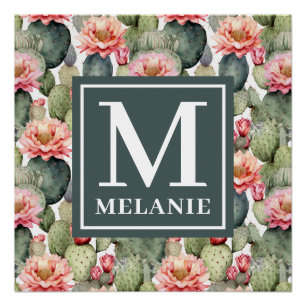 Cactus Pattern Pink Flowers Monogram Poster