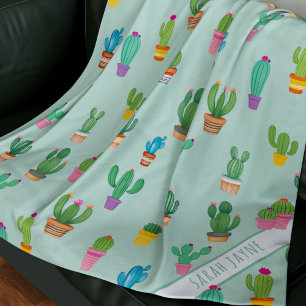 Cactus Pattern Plant Mom Name Green Fleece Blanket