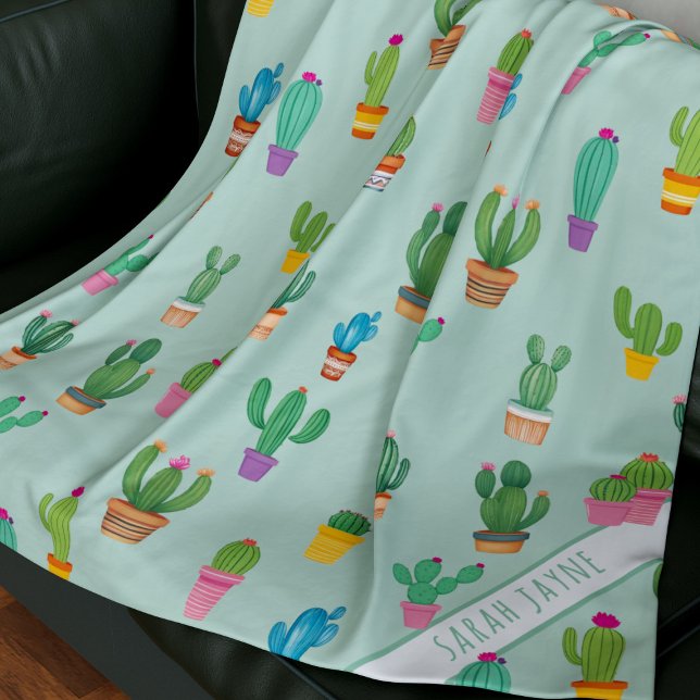 Cactus Pattern Plant Mum Name Green Fleece Blanket (A cute cactus pattern blanket with space for your Plant Mom's name)