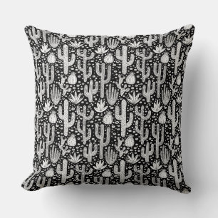 Cactus Pattern - White on Black Cushion