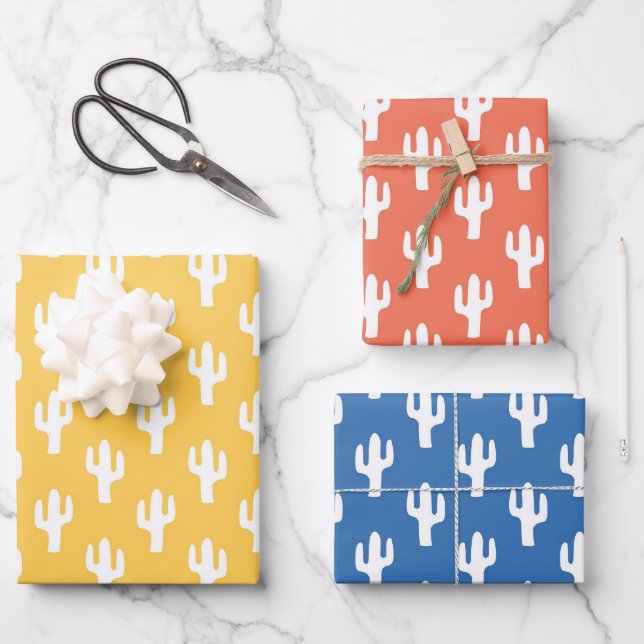 Cactus Pattern Yellow Orange Blue Desert Southwest Wrapping Paper Sheet (Front)