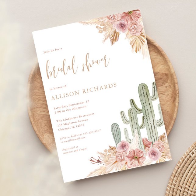 Cactus pink floral boho bohemian bridal shower invitation (Creator Uploaded)