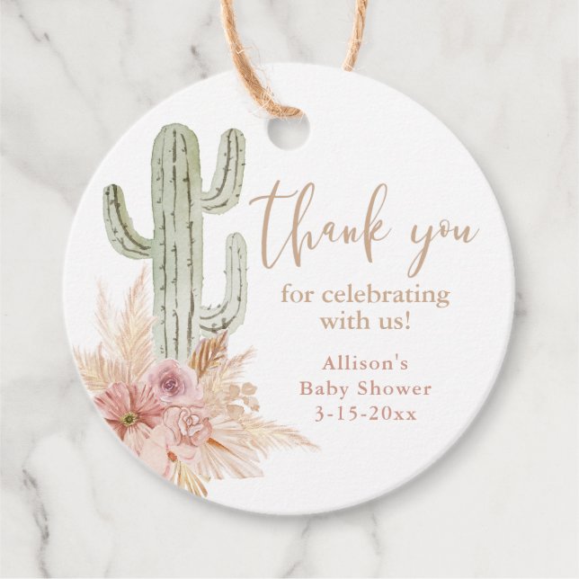 Cactus pink floral boho girl baby shower thank you favour tags (Front)