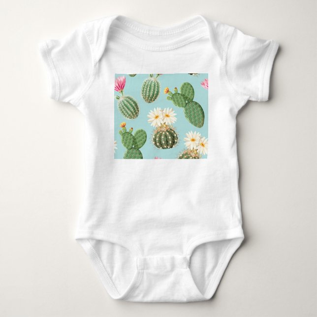 Cactus, pink flowers: light decor baby bodysuit (Front)