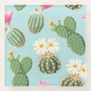 Cactus, pink flowers: light decor glass coaster