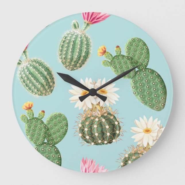 Cactus, pink flowers: light decor large clock (Front)