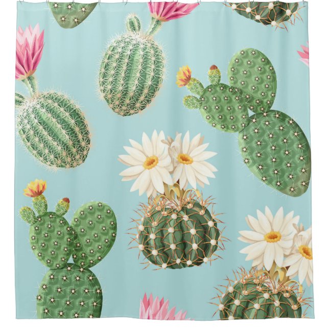 Cactus, pink flowers: light decor shower curtain (Front)