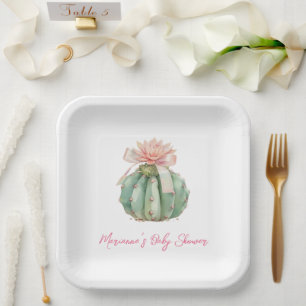 Cactus Pink Ribbon Baby Girl Shower Paper Plate
