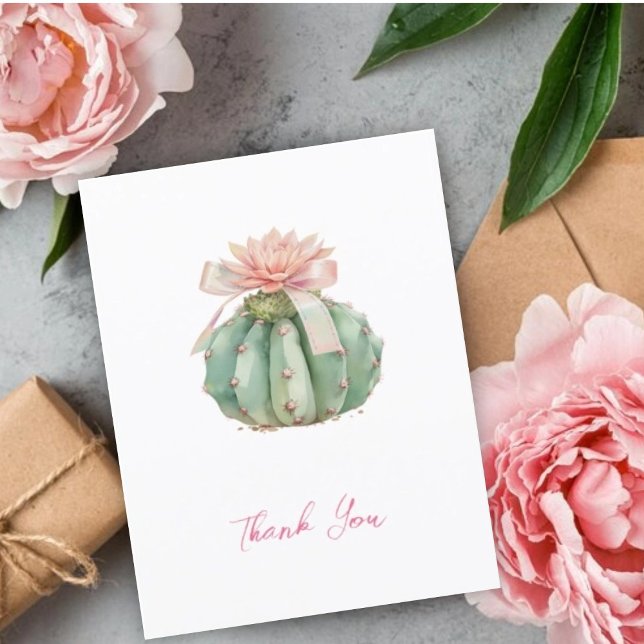 Cactus Pink Ribbon Baby Girl Shower  Thank You Card (Creator Uploaded)