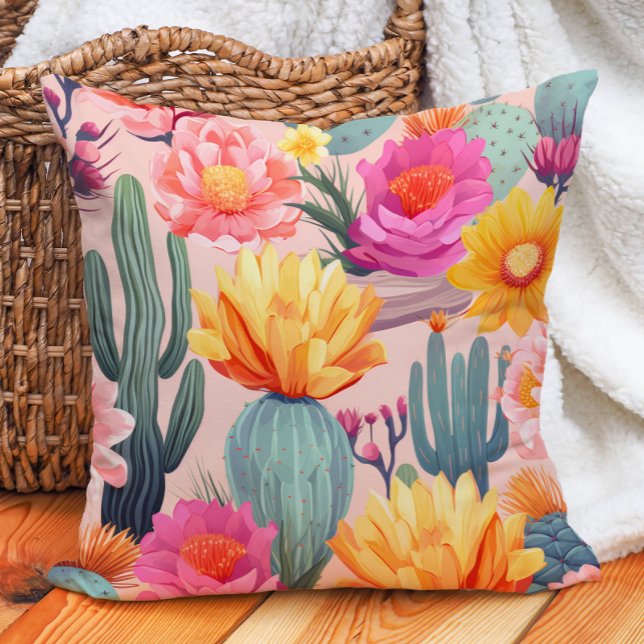 Cactus Pink Yellow Orange Green Desert  Cushion (Cactus with pink and yellow floral pillow)