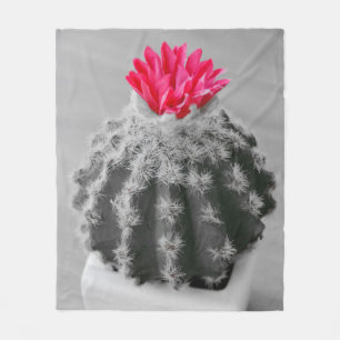 Cactus Plant Black White Photo With Pink Flower Fleece Blanket