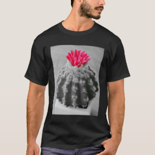 Cactus Plant Black White Photo With Pink Flower T-Shirt