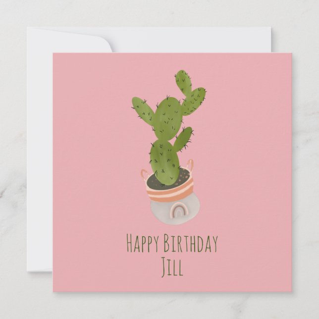 Cactus Plant Rainbow Basket Hand Drawn  Birthday Card (Front)