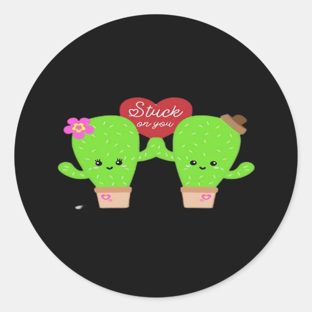 Cactus Plant Stuck On You Couples Heartfelt Design Classic Round Sticker (Front)