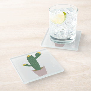Cactus Plant Tall Pink Green Glass Coaster