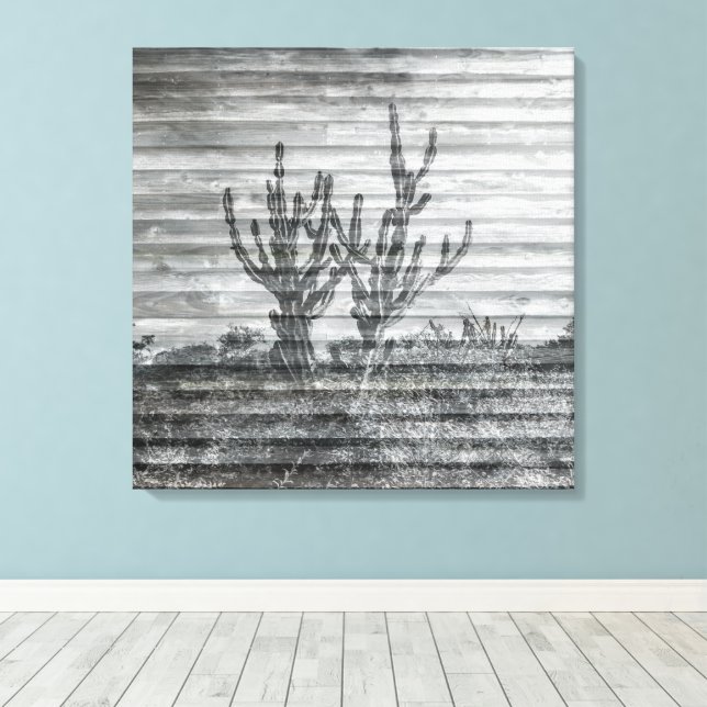 Cactus Plants On Wood Planks Black And White Photo Canvas Print (Insitu(Wood Floor))