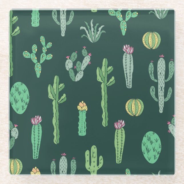 Cactus Plants: Vintage Seamless Background Glass Coaster (Front)