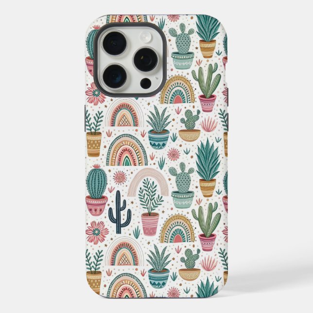 Cactus Pot with Plants, Flowers and Rainbows iPhone Case (Back)