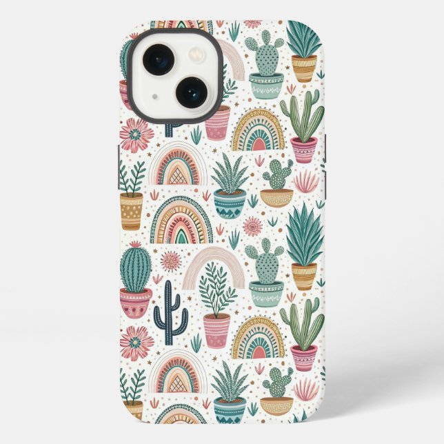 Cactus Pot with Plants, Flowers and Rainbows iPhone Case (Back)