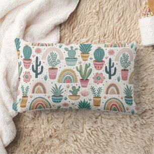 Cactus Pot with Plants, Flowers and Rainbows Lumbar Cushion