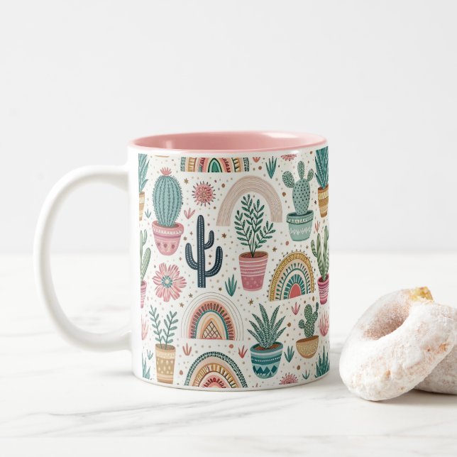 Cactus Pot with Plants, Flowers and Rainbows Two-Tone Coffee Mug (With Donut)
