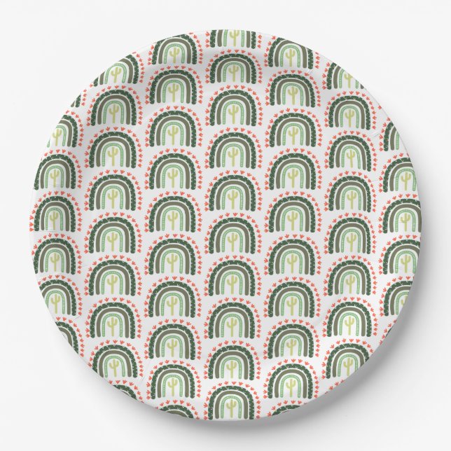 Cactus Rainbow Orange Green White Modern Fun Paper Plate (Front)