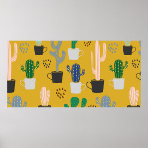 Cactus seamless pattern background. Hand drawn col Poster