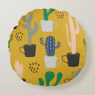 Cactus seamless pattern background. Hand drawn col Round Cushion