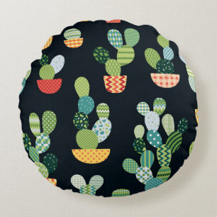 Cactus seamless pattern in patchwork style with pl round cushion