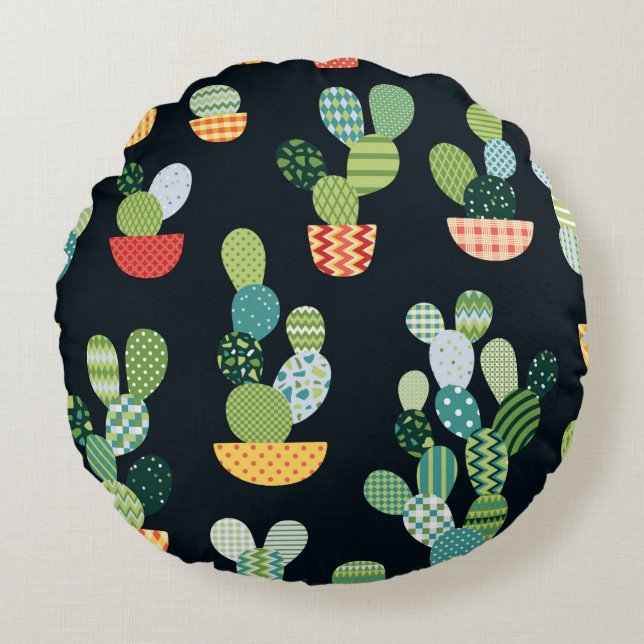 Cactus seamless pattern in patchwork style with pl round cushion (Front)