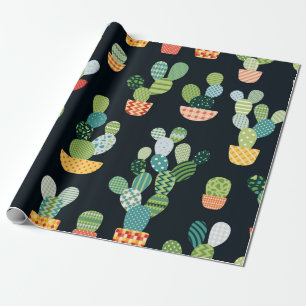 Cactus seamless pattern in patchwork style with pl wrapping paper