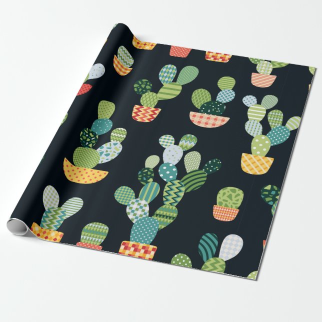 Cactus seamless pattern in patchwork style with pl wrapping paper (Unrolled)