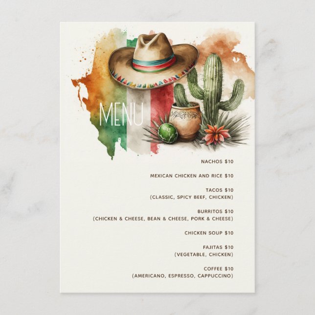 Cactus, sombrero fiesta party. Mexican food cafe Menu (Front)