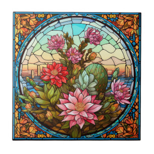 Cactus Stained Glass Ceramic Tile
