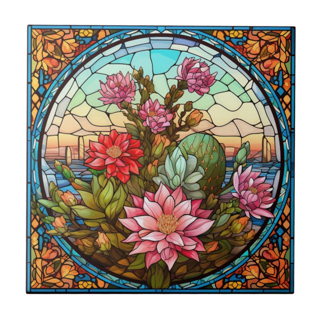 Cactus Stained Glass Ceramic Tile (Front)