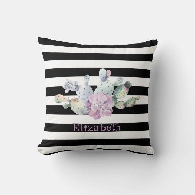 Cactus,Succulent Black White Stripes  Cushion (Front)