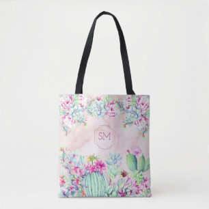 Cactus Succulent Blush Marble Geometric Monogram Tote Bag
