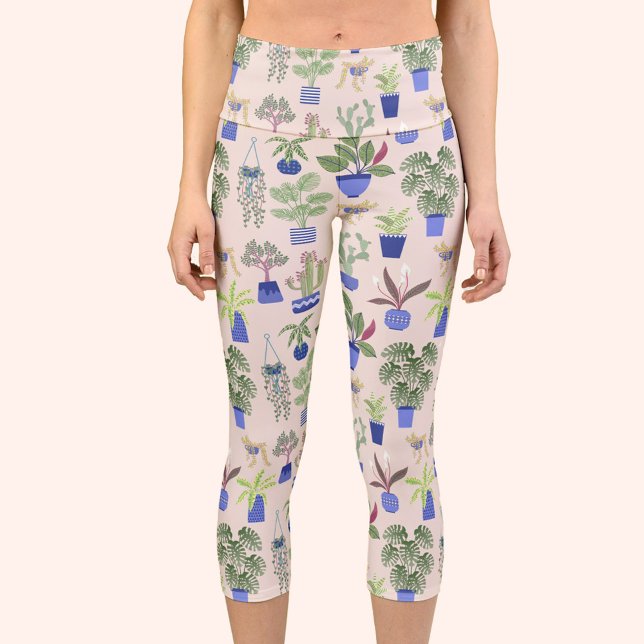 Cactus Succulent Blush Pink Capri Leggings (Cactus, houseplant and succulent pattern capri yoga leggings)
