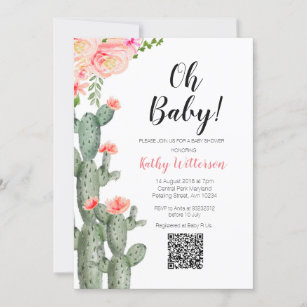 Cactus Succulent girl baby shower Pink Flowers QR Invitation