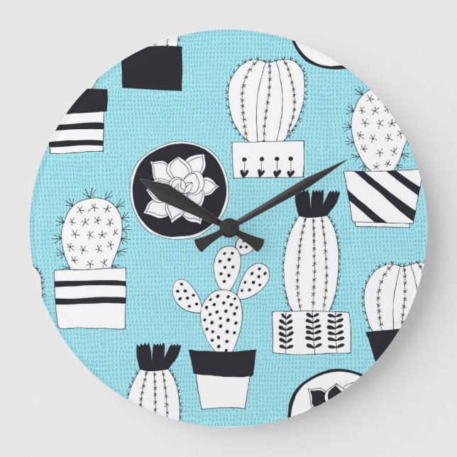 Cactus, succulent: hand-drawn seamless design. large clock (Front)