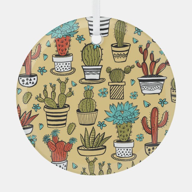 Cactus Succulent: Hand Drawn Sketch Glass Tree Decoration (Front)
