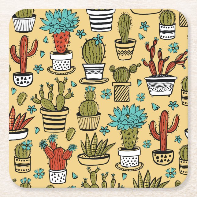 Cactus Succulent: Hand Drawn Sketch Square Paper Coaster (Front)