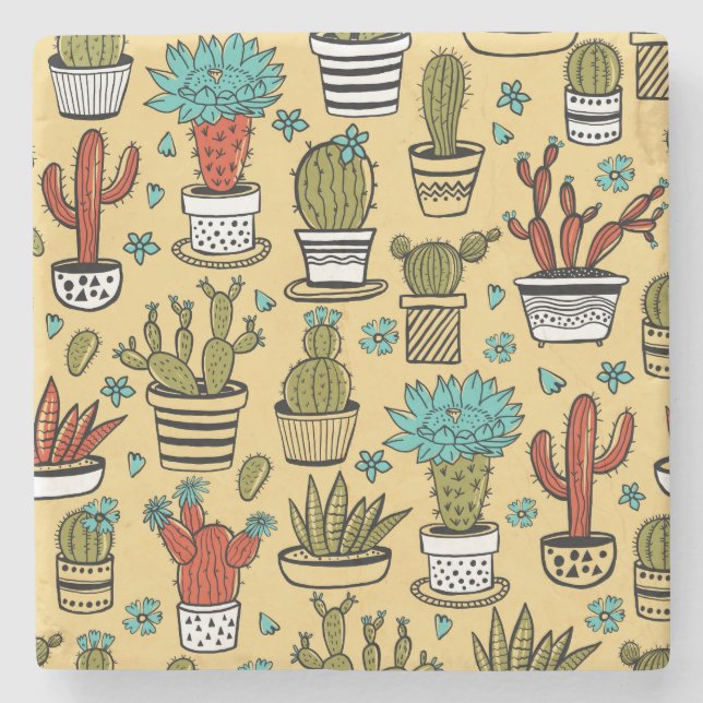 Cactus Succulent: Hand Drawn Sketch Stone Coaster (Front)
